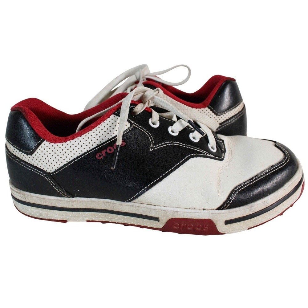 Crocs 15160 Mens Golf Shoes Black‎ White Red Wingtip Leather Sneakers Size 9.5